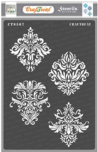 Wiederverwendbare Damast-Schablonen von CrafTreat zum Malen auf Holz, Wänden und Fliesen – Damast-Designs – A4 (8,3 x 11,7 Zoll) – DIY-Kunst- und Bastelschablonen – Damast-Schablonenwand