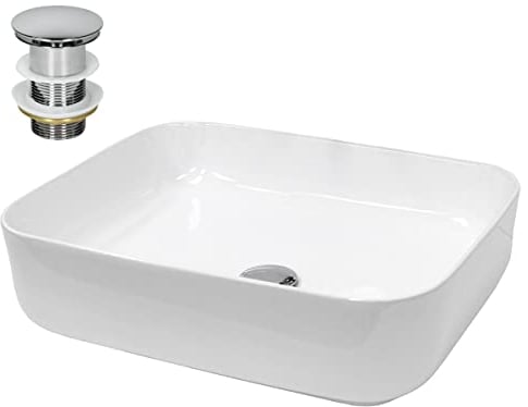 ECD Germany Waschbecken Waschtisch 505x395x135 mm aus Keramik Weiß inkl. Ablaufgarnitur für Waschbecken ohne Überlauf Aufsatzbecken Aufsatzwaschbecken Aufsatzwaschtisch Waschschale Spülbecken Becken