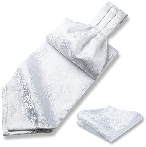 HISDERN Krawattenschal Herren Weiß Paisley Halstuch Blumen Seide Ascot-Krawatte und Einstecktuch Set für Elegant Hochzeit Party,Weiß,Einheitsgröße