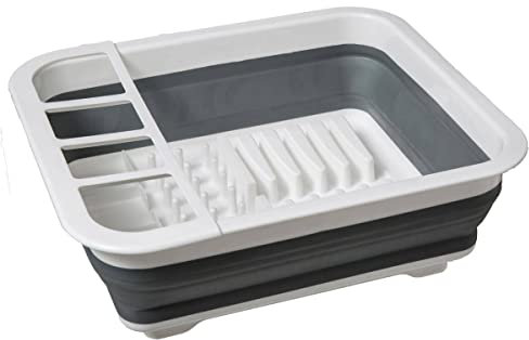 5five - Égouttoir à Vaisselle Pliable - Compact - Gain de Place - Cuisine - Assiette - Couverts - Bac d'Egouttement en Silicone - Gris et blanc