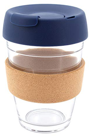 Hosoncovy Tazza da caffè riutilizzabile in vetro con nastro di sughero resistente al calore, 350 ml, tazza da caffè da viaggio con coperchio e coperchio (blu scuro)
