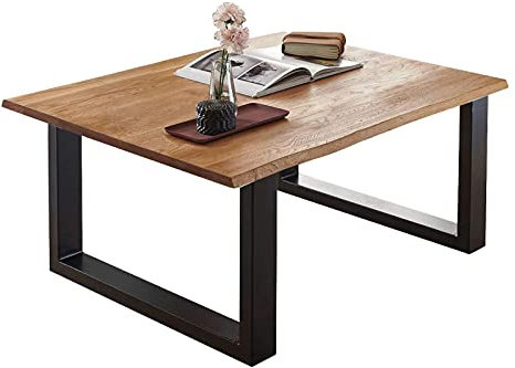SAM Couchtisch 90x90 cm Sierra, Wildeiche massiv, echte Baumkante, Sofatisch mit U-Gestell, Metall Schwarz