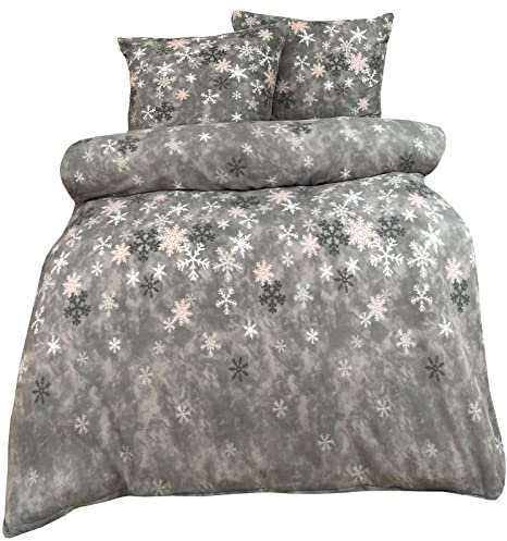 Buymax Fleece Bettwäsche 200 x 220 cm 3 teilig Plüsch Winterbettwäsche Kuschel Thermo Fleece Kopfkissenbezüge 80x80 cm Cashmere Touch, Schneeflocken Star, Farbe Grau-Anthrazit