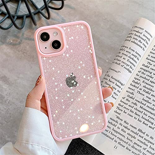 OWM iPhone 13 Case Clear Back Glitter Bling Star Sparkly Bumper Crystal Shockproof Silicone Slim Phone Cover Women Girls Case for iPhone 13 (Pink)