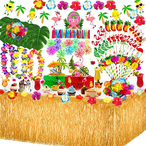 MarckersHome 115 Pezzi Gonna Tavolo Hawaiana Tovaglia Set,Foglie di Palma Fiori Cake Topper,ghirlande Luau banner e Cannucce di Frutta per Il Partito Decorazioni