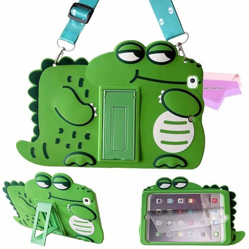 ESSTORE Coque Enfant pour iPad Mini 4 (4ème Génération, Version 2015) + Protecteur D'écran, Mignon Animé 3D Silicone avec Bandoulière & Support Étui Housse de Protection Antichoc, Dinosaure