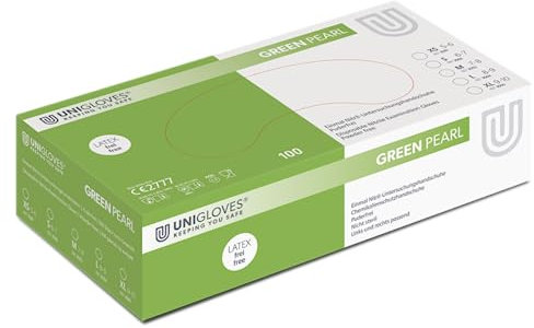 UNIGLOVES - Green PEARL® Grüne passgenaue Einweghandschuhe aus Nitril | Lebensmittelecht, puderfrei & latexfrei | hohe Festigkeit & Haltbarkeit | 100 Stück | Einmalhandschuh S