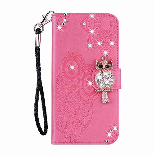 Reevermap iPhone SE 2022 Hülle iPhone SE 2020, iPhone 8 Handyhülle iPhone 7Flipcase Kredit Karten Fach Geldklammer Leder Tasche Glitzer Bling Eule Schale Schutzhülle, Pink