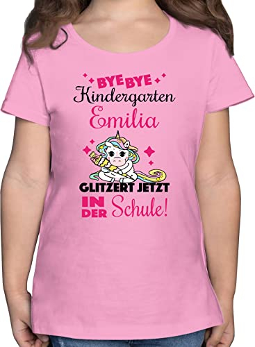 T-Shirt Mädchen - Einschulung - Bye Bye Kindergarten Glitzer Schule | Tschüss Kindergarten | Abschied Kita Goodbye - 128 (7/8 Jahre) - Rosa - Schulanfang Tshirt Einhorn Schulkind Shirt