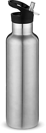 Volhoply Silver Stainless Steel Water Bottles, 750ml Vacuum Insulated Double Wall Travel Bottle with Leak-Proof Straw Lid of Handle,Metal Reusable Standard Mouth Flask for Hikers,Gift