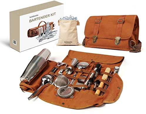 Barkeeper-Tasche, Reise-Barkeeper-Set, professionelle Barkeeper-Werkzeugtasche, tragbare Cocktail-Ledertasche mit 20 Bar-Werkzeug-Set, ähnlich wie Aktentasche für Barkeeper in Bars, Haus, Party,