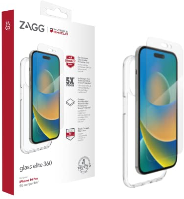 ZAGG InvisibleShield Glass Elite 360 Screen Protector & Clear Case Bundle Compatible for iPhone 14 Pro, Shockproof, Scratch Resistant, Glass-Like, Anti-Microbial, (Clear)