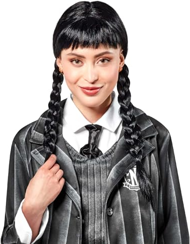 Rubies Wednesday Perücke für Damen, mit Zöpfen und Pony, offizielle Mittwoch Addams, Halloween, Karneval, Cosplay Halloween