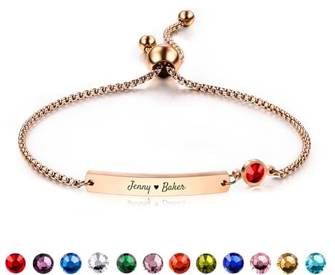 OTXIXTO Personalisierte Namensarmband mit Geburtsstein Verstellbare Edelstahl Barrenarmband mit Gravur Name/Datum Personalisierte Namensschild Armband für Frauen Muttertag Valentinstag (Roségold)