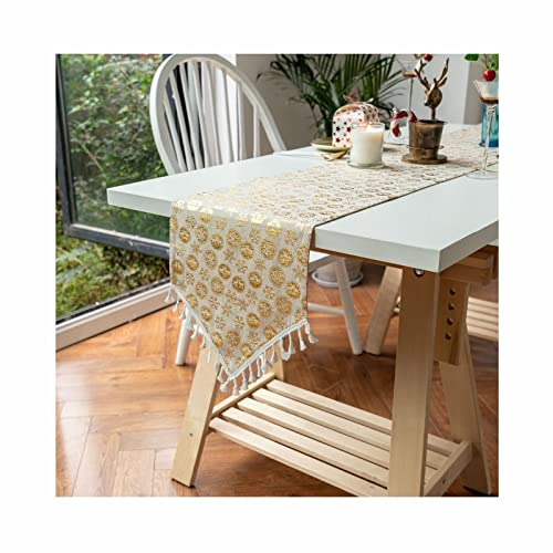 Epinki Tischläufer Frühling, Baumwolle Tischläufer Abwaschbare Weihnachten Schneeflocke Druck Quaste, Tischband für Hochzeit Rustikales Zuhause Modern Tabletop Dekor (Gold, 33x100 cm)