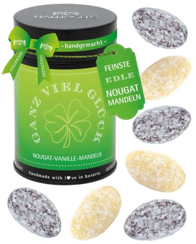 Hallingers Genuss Manufaktur Nougat-Mandeln Glückwunsch-Geschenk - von Hand in der Manufaktur schokoliert ohne Alkohol in der Geschenkdose Ganz viel Glück, Geschenkidee für Frauen Männer