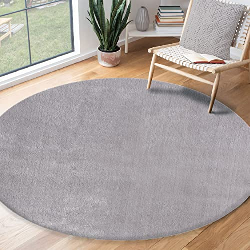 the carpet Relax Moderner Flauschiger Kurzflor Teppich, Anti-Rutsch Unterseite, Waschbar bis 30 Grad, Super Soft, Felloptik, Grau, 160 cm Rund