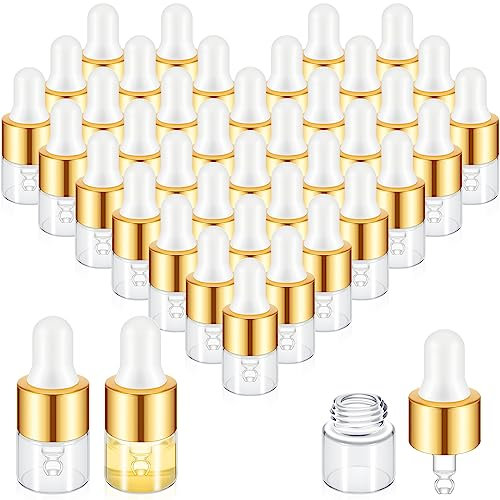 Didaey 100 Pcs Mini Glass Oil Dropper Bottle Bulk, Clear Essential Small Empty Bottles Sample Containers Perfume Liquid Vials with Cap for Traveling, Gold, 1 ml