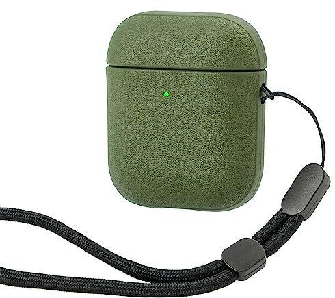 Teyomi TPU Hülle für AirPods 2. Generation, Schutzhülle für Apple Airpods 2 Hülle mit Handschlaufe, Leder-Touch-Design für Airpods 2 Case, Kompatibel mit Apple AirPods 2,1 (Militärgrün)
