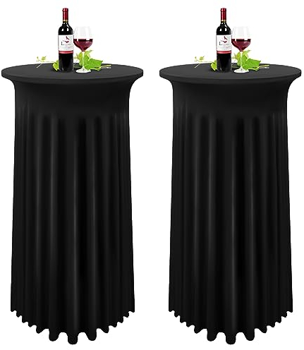 YMHPRIDE 2 Packungen Schwarz Cocktail Spandex Stretch Tischdecke mit Rock, 60×110cm Runde Verbessertes Modell Cocktailtischrock Tailliertes High Top Stehtisch Husse für Party Hochzeit Banketttisch