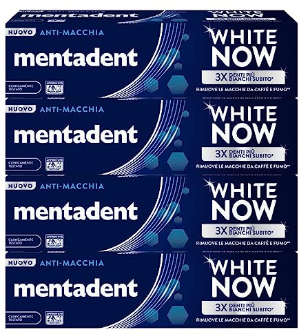 Mentadent White Now Zahnpasta gegen Fleckenbildung und Aufhellung, sofortige Wirkung gegen Flecken auf der Zähne, temporäre Aufhellung, 4 Flaschen à 75 ml