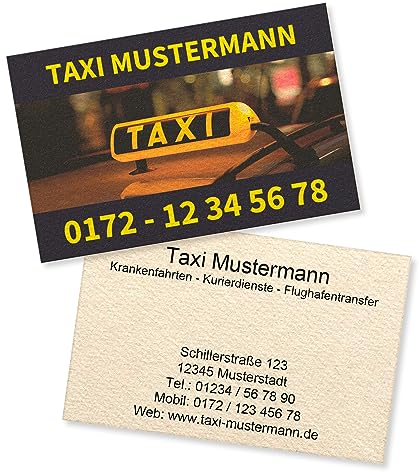 1000 Visitenkarten für Taxi Kurier Transport - Aus 1,5mm Holzschliffpappe (Bierdeckelkarton)