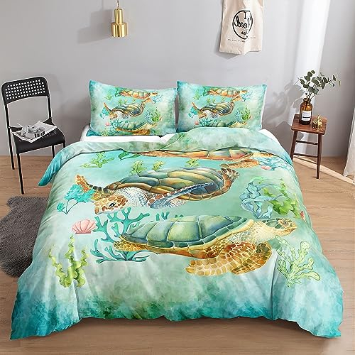 HOSIMA Schildkröten-Bettwäsche-Set für Erwachsene, Jungen und Mädchen, Aquarell-Grün-Schildkröten-Druck, Bettbezug mit 2 Kissenbezügen (Grüne Schildkröte M)