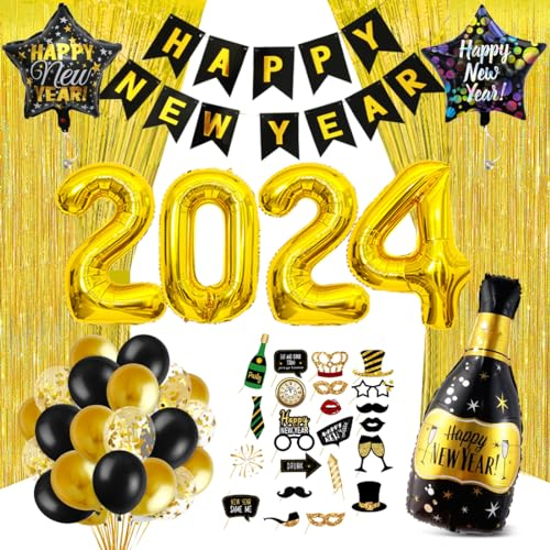 Silvester Deko 2025 Gold, 53 Stück Silvester Party Dekoration Set, Happy New Year Banner Konfetti Luftballon, Stern Champagnerflasche Folienballon Neujahrsdeko Accessoire für Silvesterparty