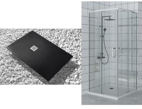 Piatto Doccia 70X80 cm Extra Slim nero + Box doccia 70x80 cm Alto 200 cm Con Apertura Ad Angolo