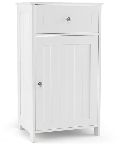 COSTWAY Bathroom Floor Cabinet, Freestanding Storage Cupboard with Drawer, Single Door and Adjustable Shelf, Wooden Side Cabinet Organizer Unit for Bathroom Living Room Hallway, 43x34x77cm (White)