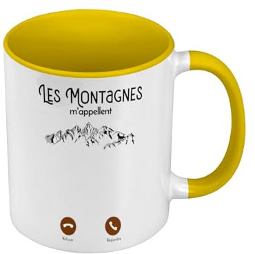 Mug de Couleur Qualité Premium Jaune - Les Montagnes M'Appellent Outdoor Aventure - Tasse avec anse et intérieur de couleur
