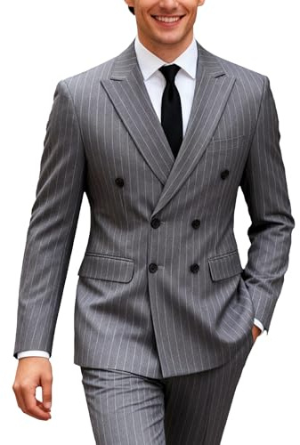 UNINUKOO Men's Suits 2 Piece Pinstripe Double Breasted Tuxedo Suit for Men Slim Fit Formal Dress Blazer Jacket Pants, Dark Grey, S