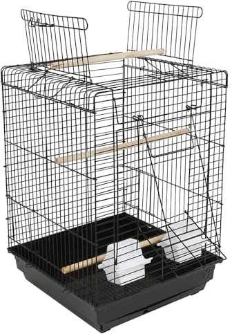 MUL-BOUTIQUE Vogelkäfig mit Futterhaus, Vogelkäfig aus Metalldraht, tragbar, mit Griff und Tablett, oben kann geöffnet werden, ohne Spielzeug (Schwarz, 40 x 40 x 58 cm)