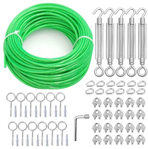 hannger M6 Tendeurs de câbles 5MM, 30M Câble en acier recouvert de PVC Câble métallique et câble métallique très résistant pour support de plantes grimpantes/clôture de jardin/ombrage de plantes