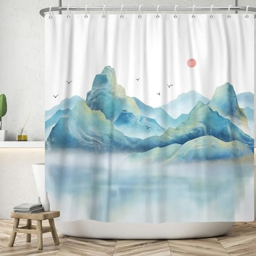 ASDCXZ Duschvorhang 180x180 cm, Klassisch Landschaftsmalerei Blau Gelb Nebel Berggipfel Vögel Rot Sonne Bad Waschbar Duschvorhänge Polyester Textil Wasserdicht Badevorhang für Badewanne mit 12 Haken