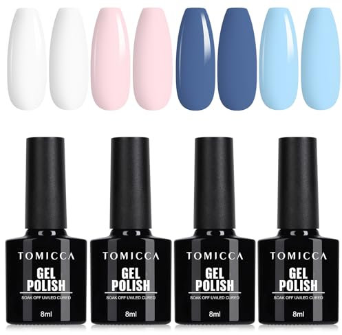 TOMICCA Gel Nail Polish Set, Pink Baby Blue French White Pastel Gel Polish Set Soak off UV LED Cured Art Manicure Set Easy DIY Nail Art Salon, 4x8ML