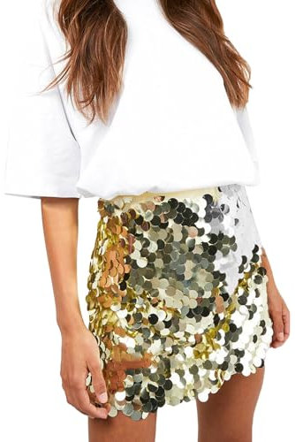 QWUVEDS Mini Gonna Con Brillantini e Paillettes - Glitterata per Danza del Ventre, Clubwear, Festival, Concerti - Corta Con Frange, a Pieghe - Nera, Oro, Taglia S