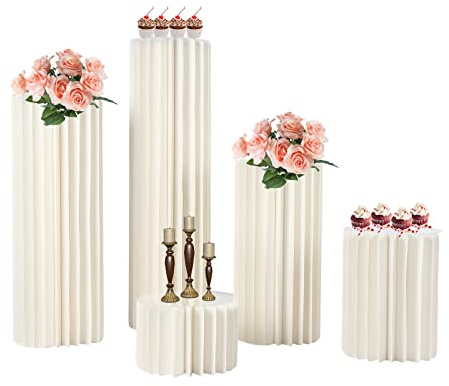 BAOCHADA Säulen aus Papier Hochzeit Karton Blumenständer, 5 Stück Faltbarer Tafelaufsatz aus Karton, Zylinderförmige Römische Säule Klapptisch Dekoration für Hochzeit Geburtstagsparty, Weiß