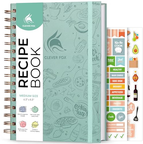 Clever Fox Recipe Book Spiral – Make Your Own Family Cookbook – Blank Recipe Notebook Organizer – Empty Cooking Journal to Write In Recipes – Medium Size, 6.3”x8.3”, Hardcover (Mint Cream) | 6.3 x 8.3 empty recipe book to write in your own recipes, eco-leather hardcover, 120 gsm paper, stickers, cooking & baking