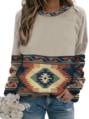 TOSHIKII Azteken-Druck-Sweatshirt für Damen, Vintage-Stil, Ethno-Western-Pullover, Tops, Tribal, geometrisch, lässig, Kapuzenpullover, Bluse