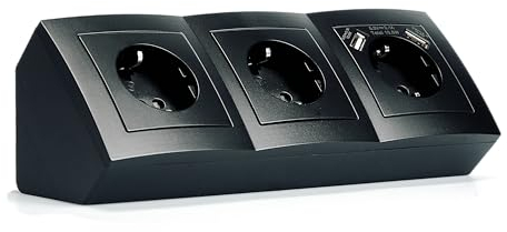 MC POWER Flair Bloc multiprise encastré - Multiprise d'angle - 3 prises + 2 ports USB - 230 V~/16 A - Montage en saillie - Noir mat