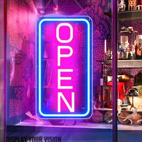 LightingWill Open Neon Schild, Open Schild LED mit 12V Ein/Aus Adapter, Open Leuchtreklamen für Business Light Up Sign für Bar, Salon, Store, Cafe, Shop, Club, Blau/Rosa, Vertical