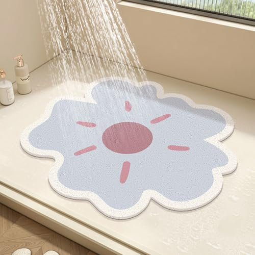 Tapis de douche rond en luffa en PVC antidérapant et anti-moisissure avec drainage, séchage rapide (bleu, 50 x 50 cm)