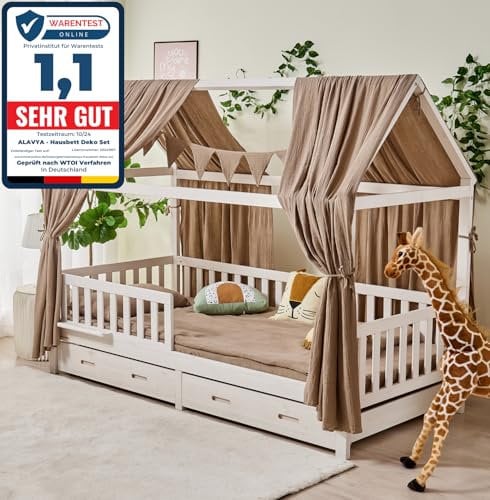 ALAVYA HOME® 3-TLG Hausbett Deko Set mit 2 Stück Betthimmel I 1 Stück Wimpelkette 300cm cm lang für Kinderbett Kinderzimmer I 100% Bio-Musselin Baumwolle I GOTS-Zertifiziert I 125 x 350 cm I Braun