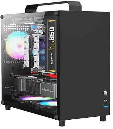 ALAMENGDA V500 Mini Portable M-ATX/ITX Computer Case, Mini-Tower CASE, Full Side Glass Transparent DIY Desktop Case with Handle, Support 320MM GPU Size (Black-2.0)