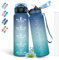 Gourde 1l, Gourde Sport anti Fuite, Gourde Graduée pour 1 Journee, Gourde Reutilisable avec Marqueur de Temps, Facile à Nettoyer, Gourde Adulte, pour Camping, Randonnée, Yoga, Running, Bleu-Vert