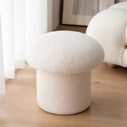 KHUKHU Runder Hocker, Pilzhocker Aus Lammwolle, Hocker Aus Massivem Holz, Weicher Fußstützenhocker Für Wohnzimmer, Schlafzimmer, Arbeitszimmer, Küche, Balkon,Weiß,Small