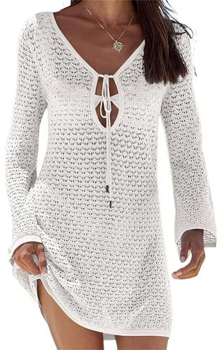 Felcia Womens Crochet Swimsuit Coverup Summer Sexy V Neck Hollow Out Long Sleeve Mesh Knit Beach Dress