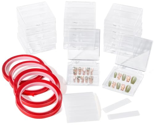 YOFAPA 50 PCS Press on Nails Packaging Set, Clear Plastic Press on Nail Packaging Storage Box, Transparent False Nail Display with 4 Roll Upgraded Double Sided Tapes and 100 PcsArcylic Display Sticks