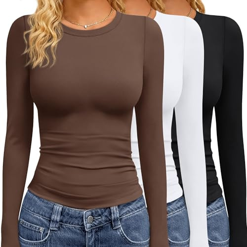 GAYHAY 3 Pack Long Sleeve Shirts for Women Basic Tops Crew Neck Fitted Tight Workout Tees Y2K Clothes Going Out Fashion 2025 Black White Brown